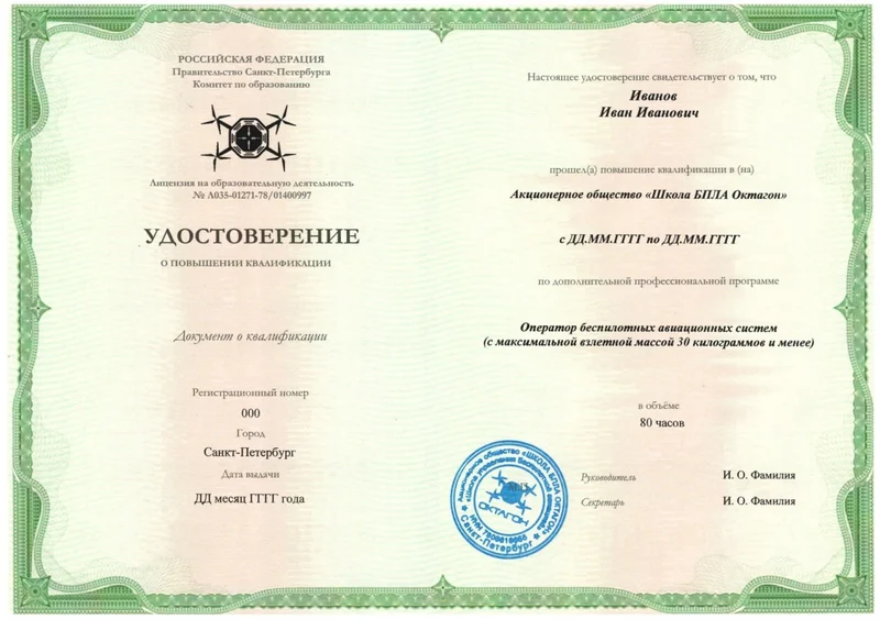 Образец: Удостоверение о повышении квалификации